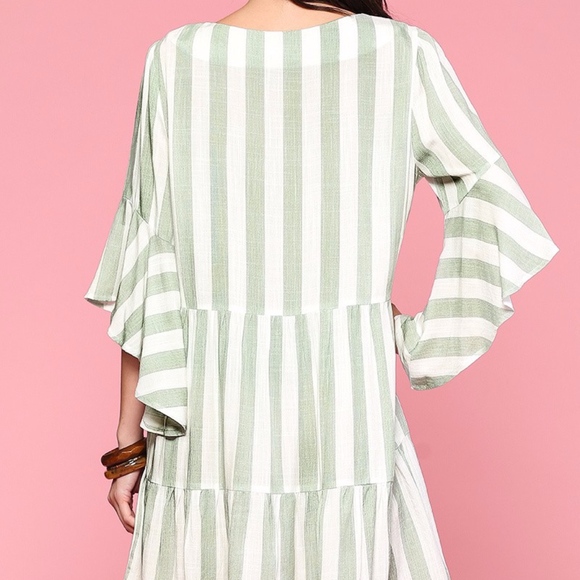 Stripe V-Neck Tier Dress with Bell Sleeves - Picture 4 of 8
